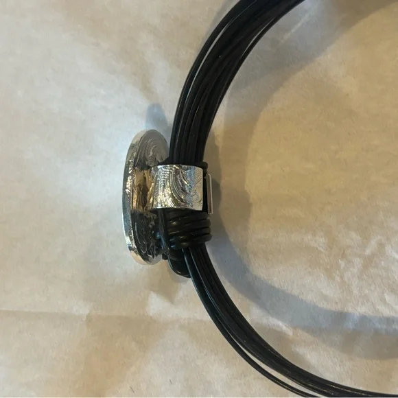 NWOT Silver and Black leather adjustable bracelet with green crystal accents. - Picture 3 of 7